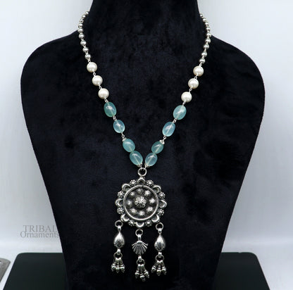 925 sterling silver vintage beaded hanging drop necklace with intricate design, ideal for brides and belly dance costumes.