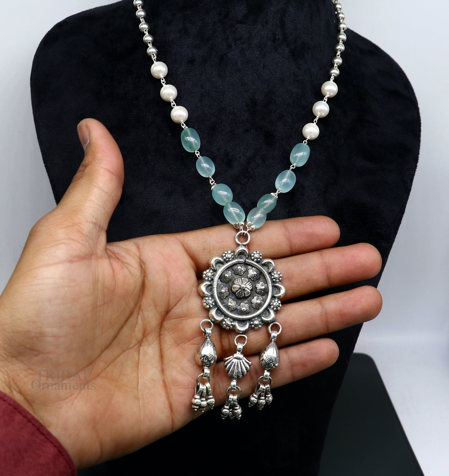 925 sterling silver stunning hanging drops vintage design beaded necklace, customized brides belly dance Guttapusalu necklace India set309 - TRIBAL ORNAMENTS