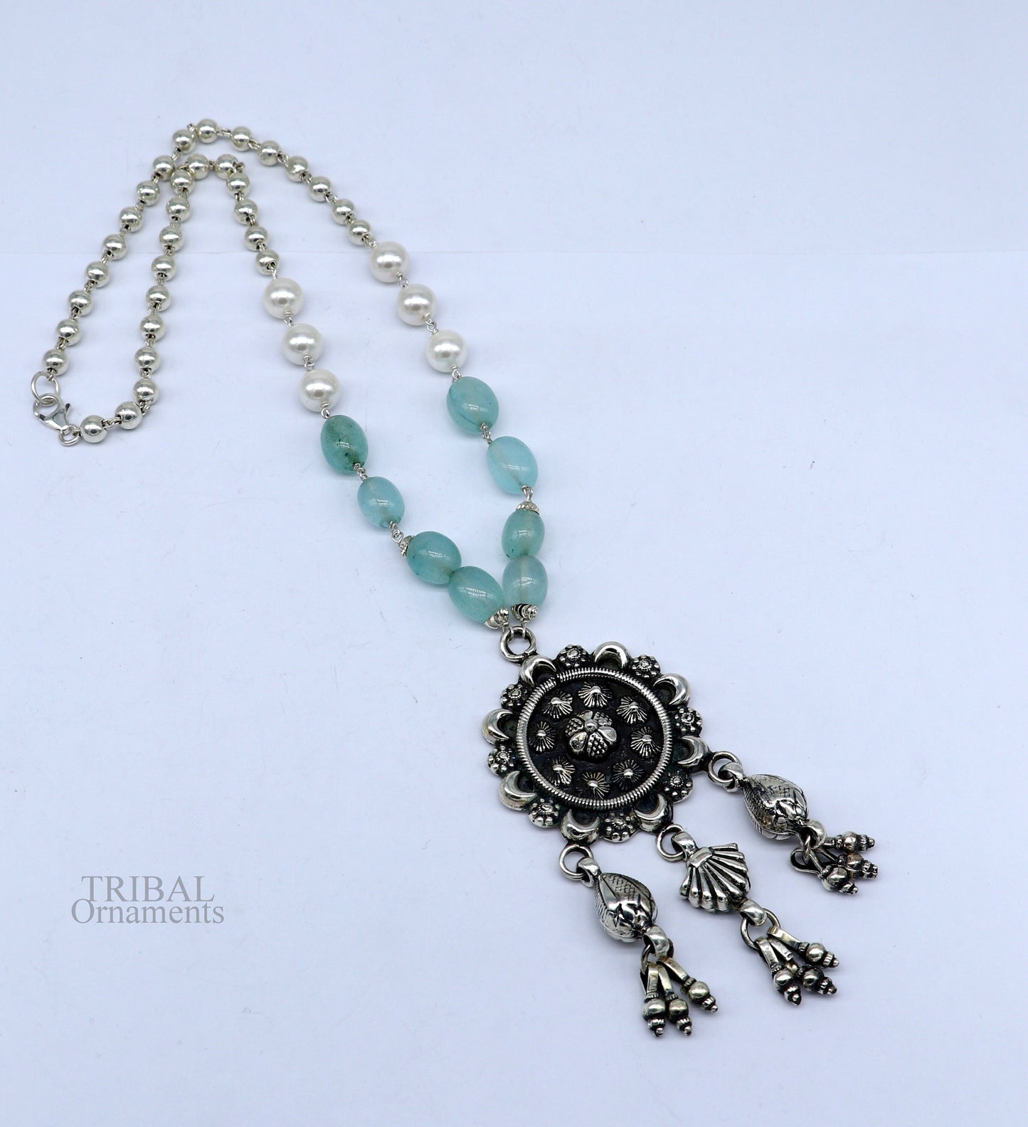 925 sterling silver stunning hanging drops vintage design beaded necklace, customized brides belly dance Guttapusalu necklace India set309 - TRIBAL ORNAMENTS