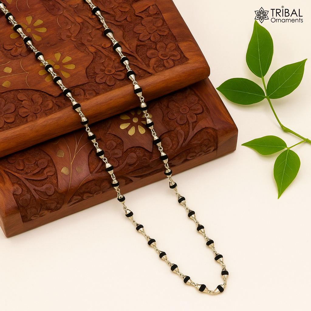 Basil Rosary Tulsi Bead Mala chain size 24 inch 4 mm width pure sterling silver 92.5 with silver side cap and handmade Knot (Guthai) - TRIBAL ORNAMENTS