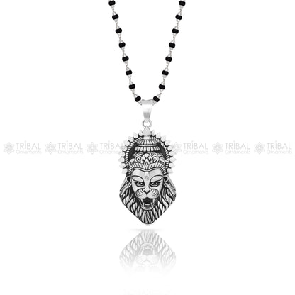 925 Sterling silver Lord Vishnu Narsimha pendant with black and white rosary beads on a tulsi mala meditation necklace.