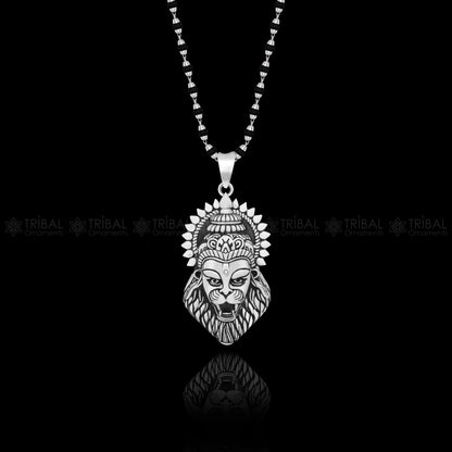 Sterling silver Lord Vishnu Narsimha pendant with black and white rosary beads on a meditation necklace.