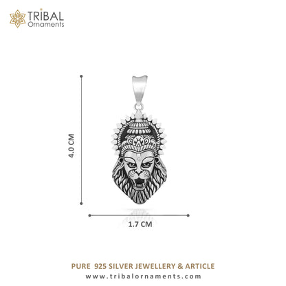 Sterling silver Lord Vishnu Narsimha pendant with black and white rosary beads on a tulsi mala meditation necklace.