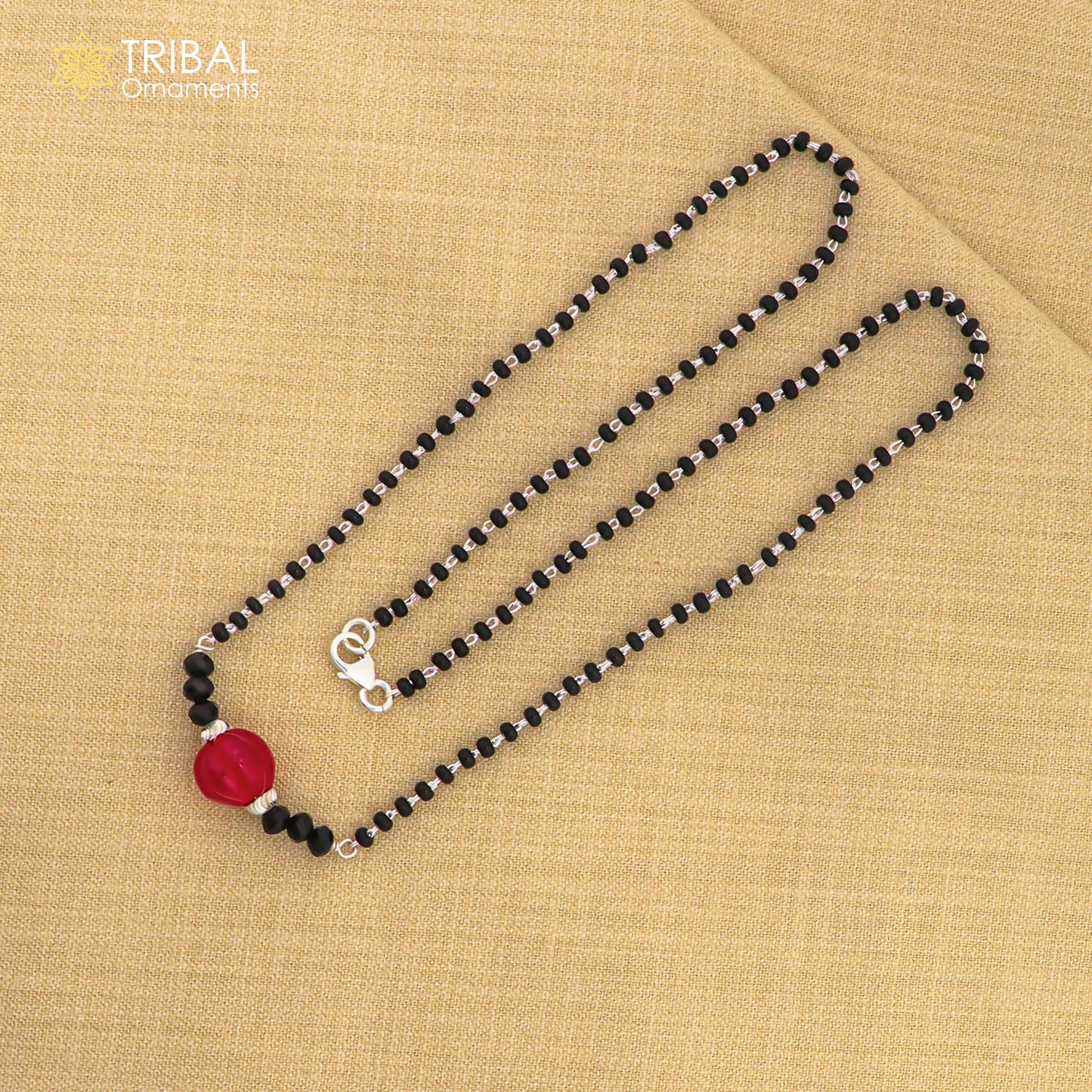 Elegant 925 sterling silver black beads chain necklace, gorgeous small stone design pendant, Mangalsutra chain beaded necklace set326 - TRIBAL ORNAMENTS