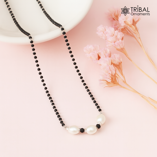 Elegant 925 sterling silver black beads chain necklace, gorgeous small stone design pendant, Mangalsutra chain beaded necklace set639 - TRIBAL ORNAMENTS