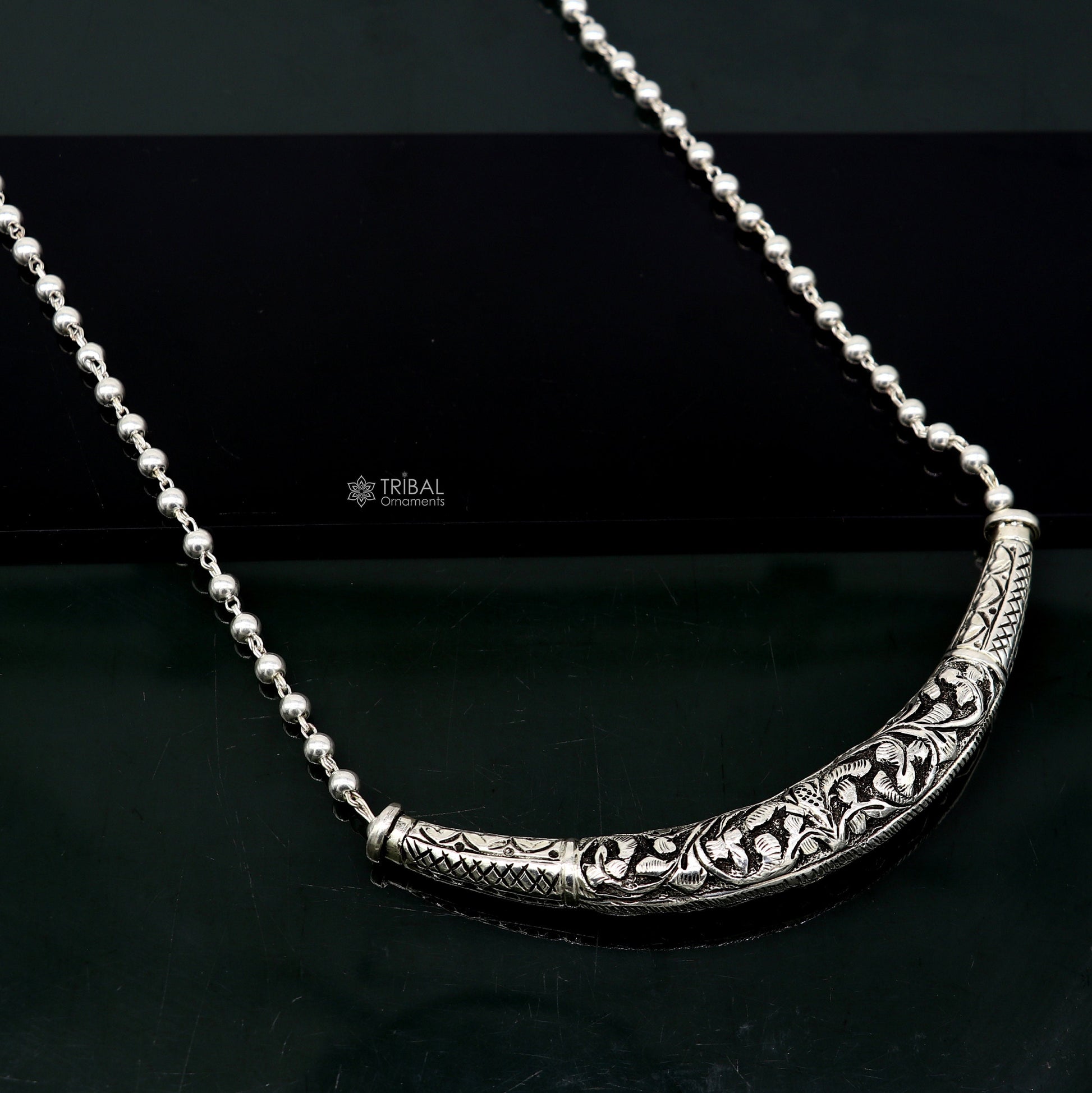 24" long Vintage Indian traditional style trendy 925 sterling silver chitai necklace, choker tribal jewelry SET700 - TRIBAL ORNAMENTS