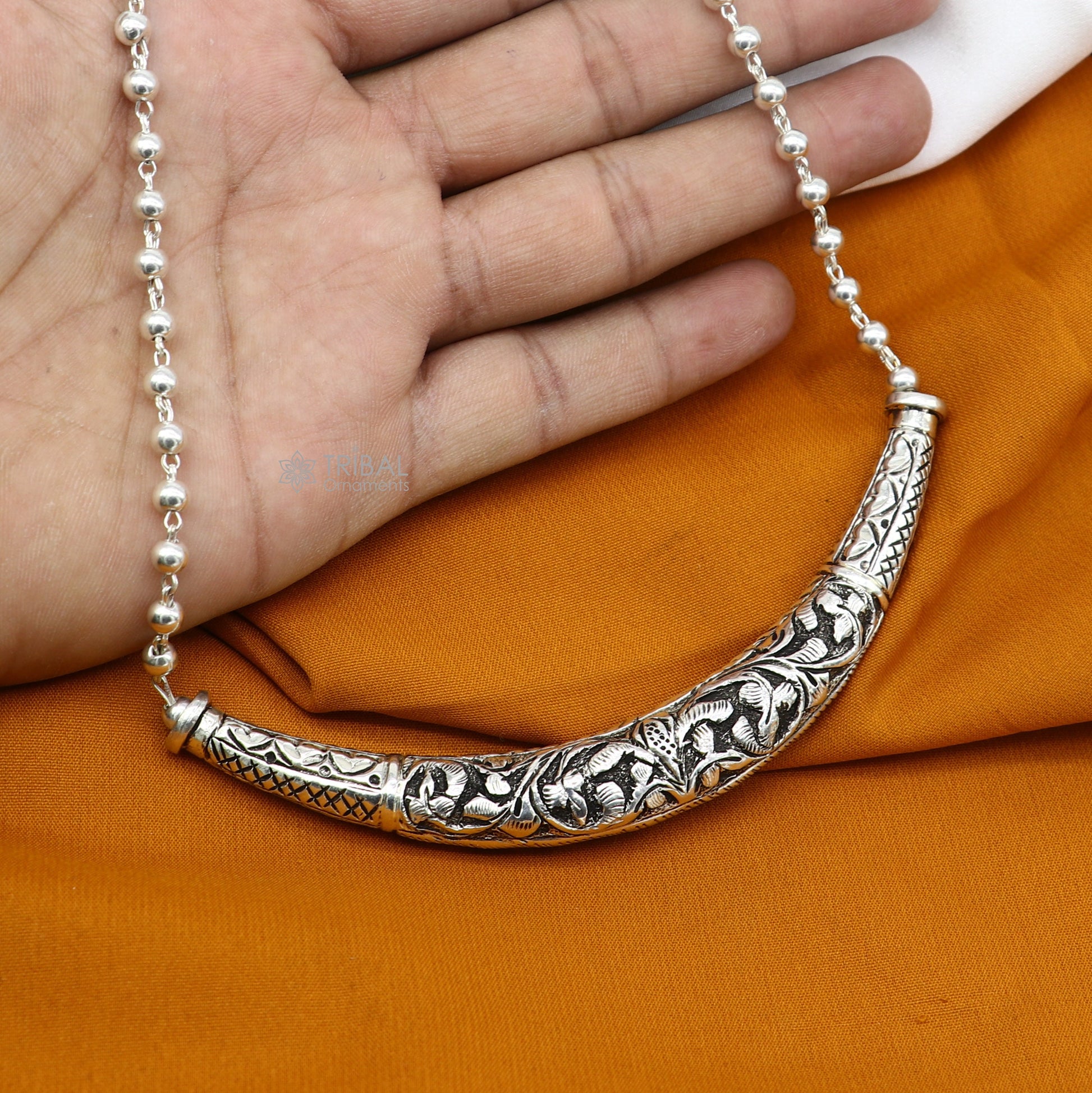 24" long Vintage Indian traditional style trendy 925 sterling silver chitai necklace, choker tribal jewelry SET700 - TRIBAL ORNAMENTS