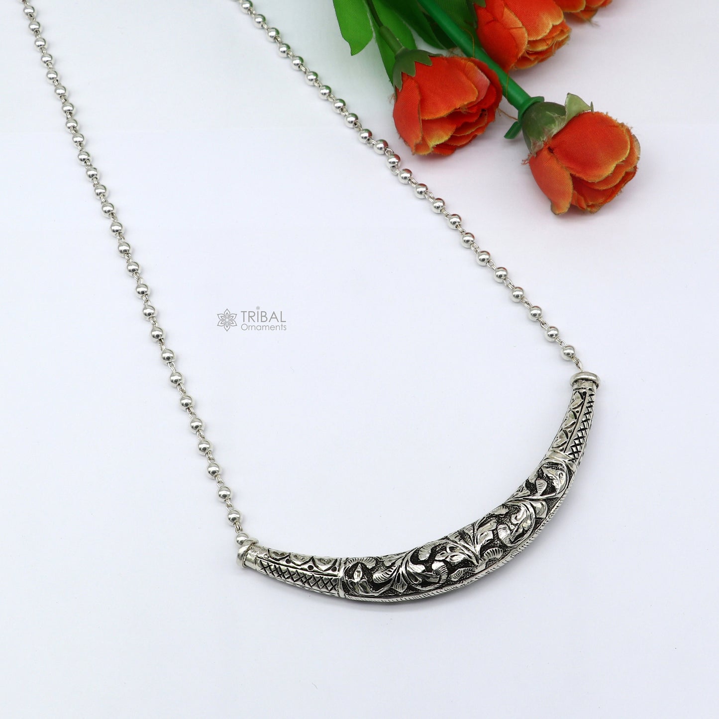 24" long Vintage Indian traditional style trendy 925 sterling silver chitai necklace, choker tribal jewelry SET700 - TRIBAL ORNAMENTS