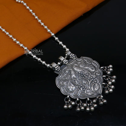 925 sterling silver beaded long necklace with traditional peacock charm, handmade tribal jewelry set, 18-inch cultural necklace with unique design