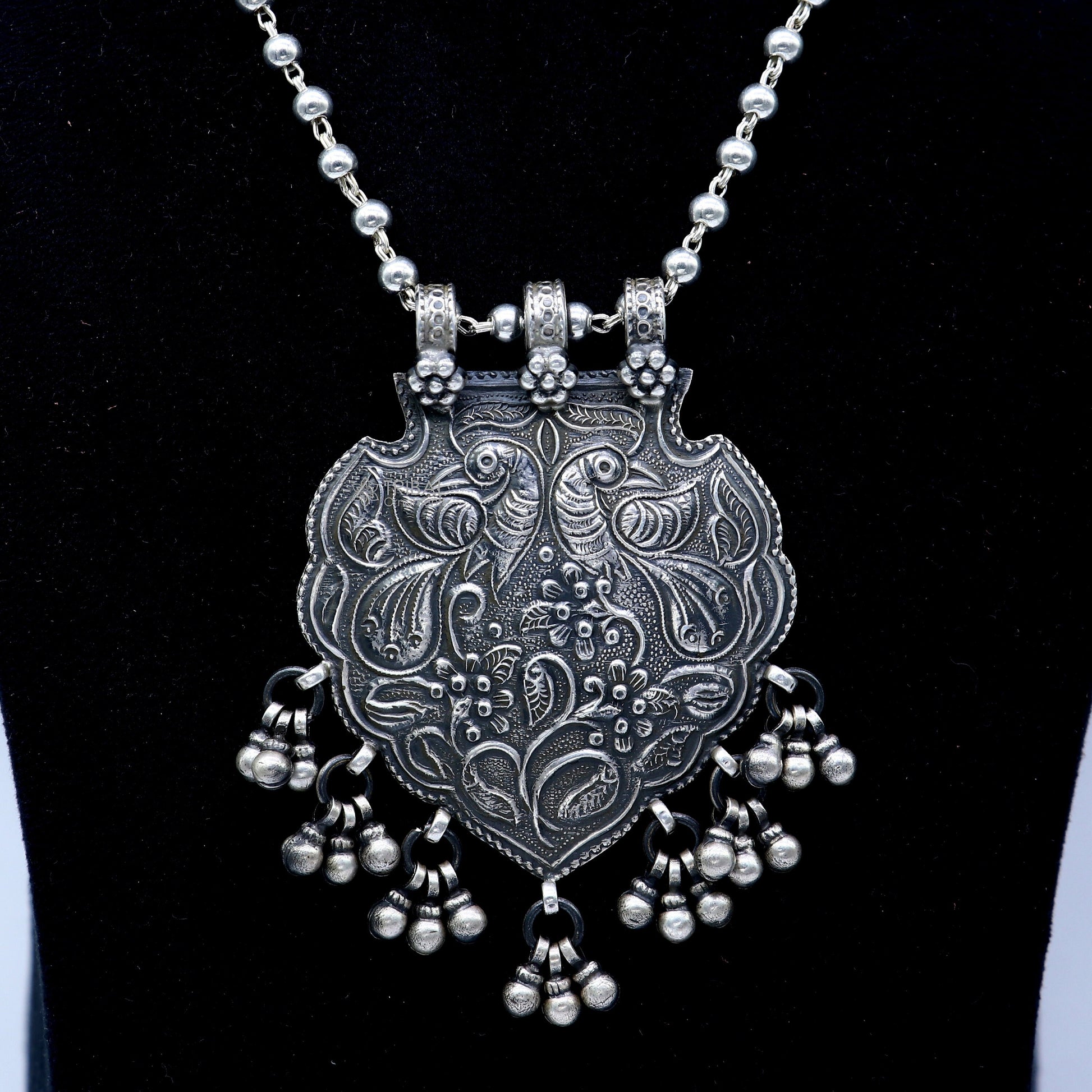 30" 925 sterling silver handmade 4mm beaded long necklace with unique design traditional Peacock cultural charm necklace jewelry  Set706 - TRIBAL ORNAMENTS