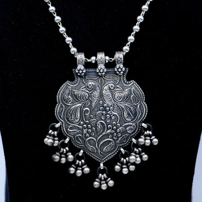 925 sterling silver 4mm beaded long necklace with traditional Peacock charm, handmade tribal jewelry by TRIBAL ORNAMENTS