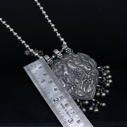 925 sterling silver 4mm beaded long necklace with traditional peacock charm, handmade tribal jewelry set by TRIBAL ORNAMENTS