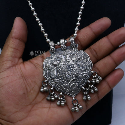 925 sterling silver beaded long necklace with traditional peacock charm, handmade tribal jewelry set by TRIBAL ORNAMENTS