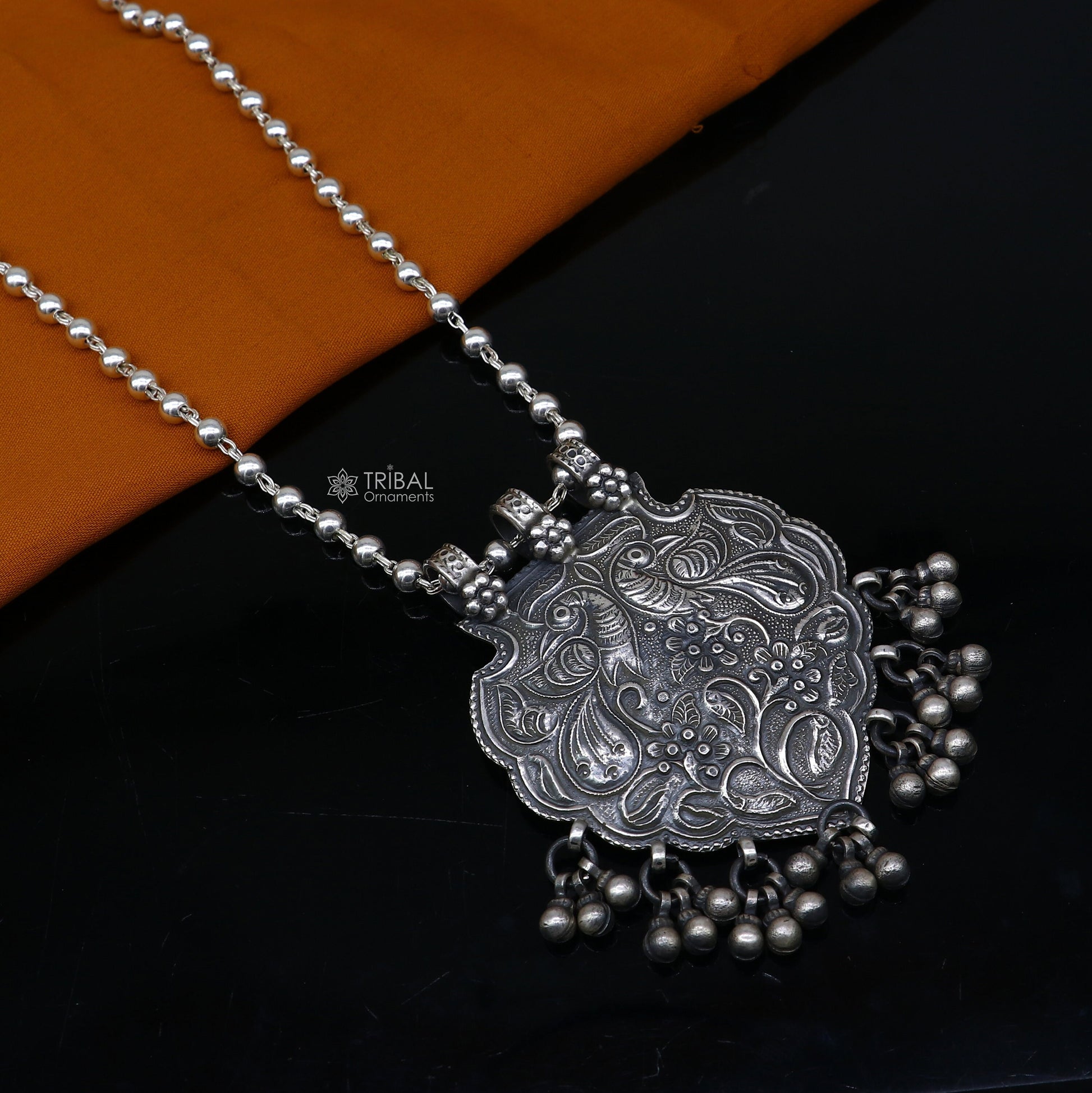 30" 925 sterling silver handmade 4mm beaded long necklace with unique design traditional Peacock cultural charm necklace jewelry  Set706 - TRIBAL ORNAMENTS