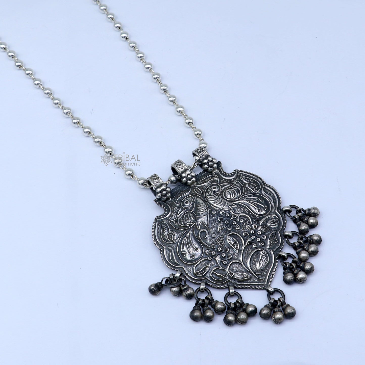 30" 925 sterling silver handmade 4mm beaded long necklace with unique design traditional Peacock cultural charm necklace jewelry  Set706 - TRIBAL ORNAMENTS