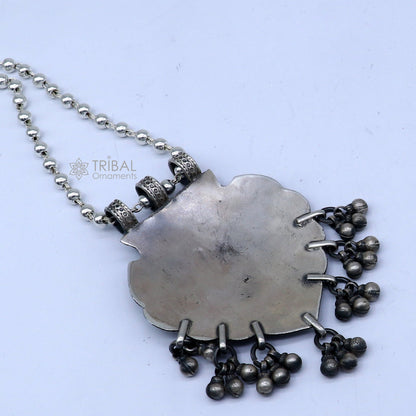 925 sterling silver 4mm beaded long necklace with traditional peacock charm from TRIBAL ORNAMENTS, handmade cultural jewelry set.