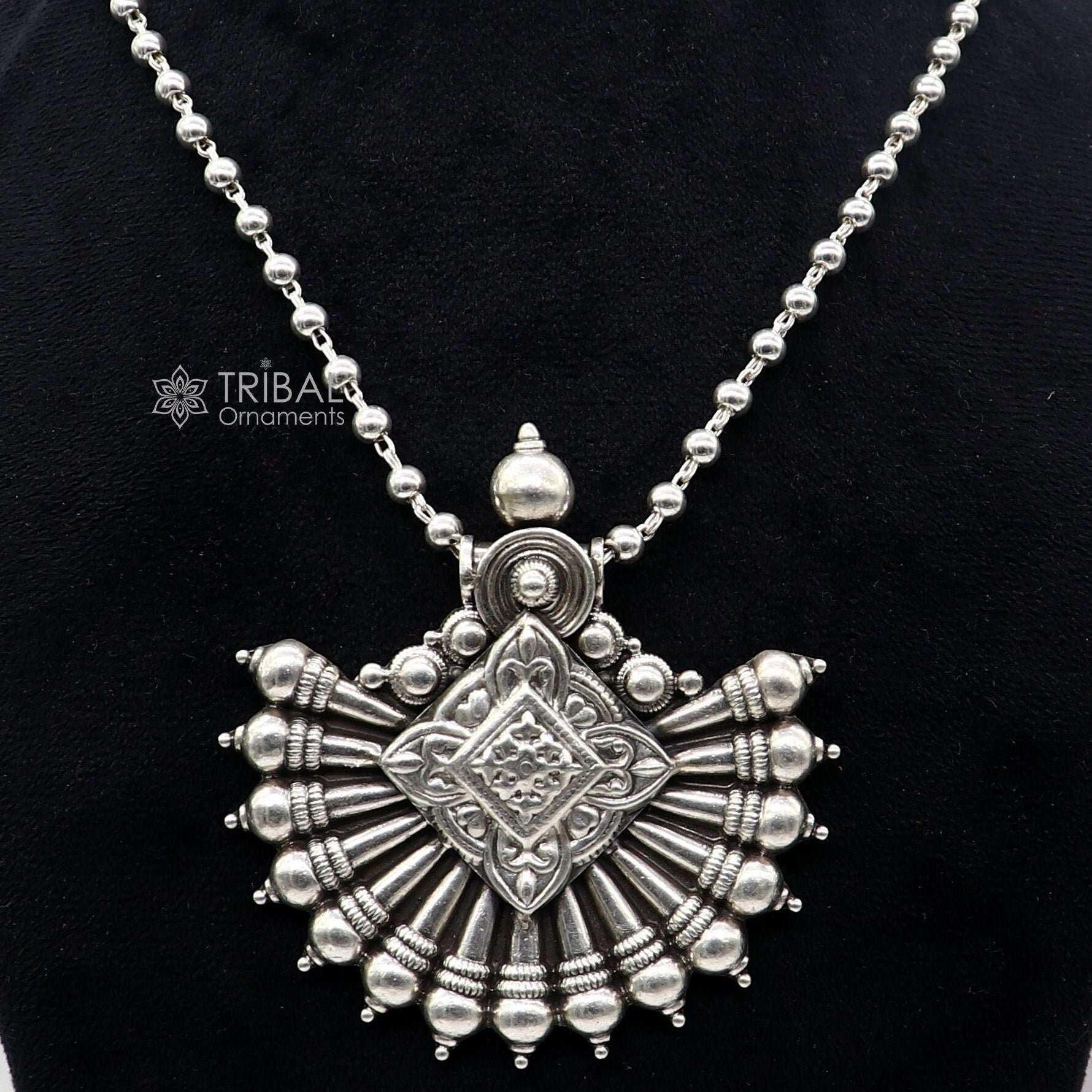 925 sterling silver beaded long necklace with a traditional cultural pendant, handmade jewelry by TRIBAL ORNAMENTS.