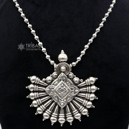 925 sterling silver beaded long necklace with a traditional cultural pendant, handmade jewelry by TRIBAL ORNAMENTS.