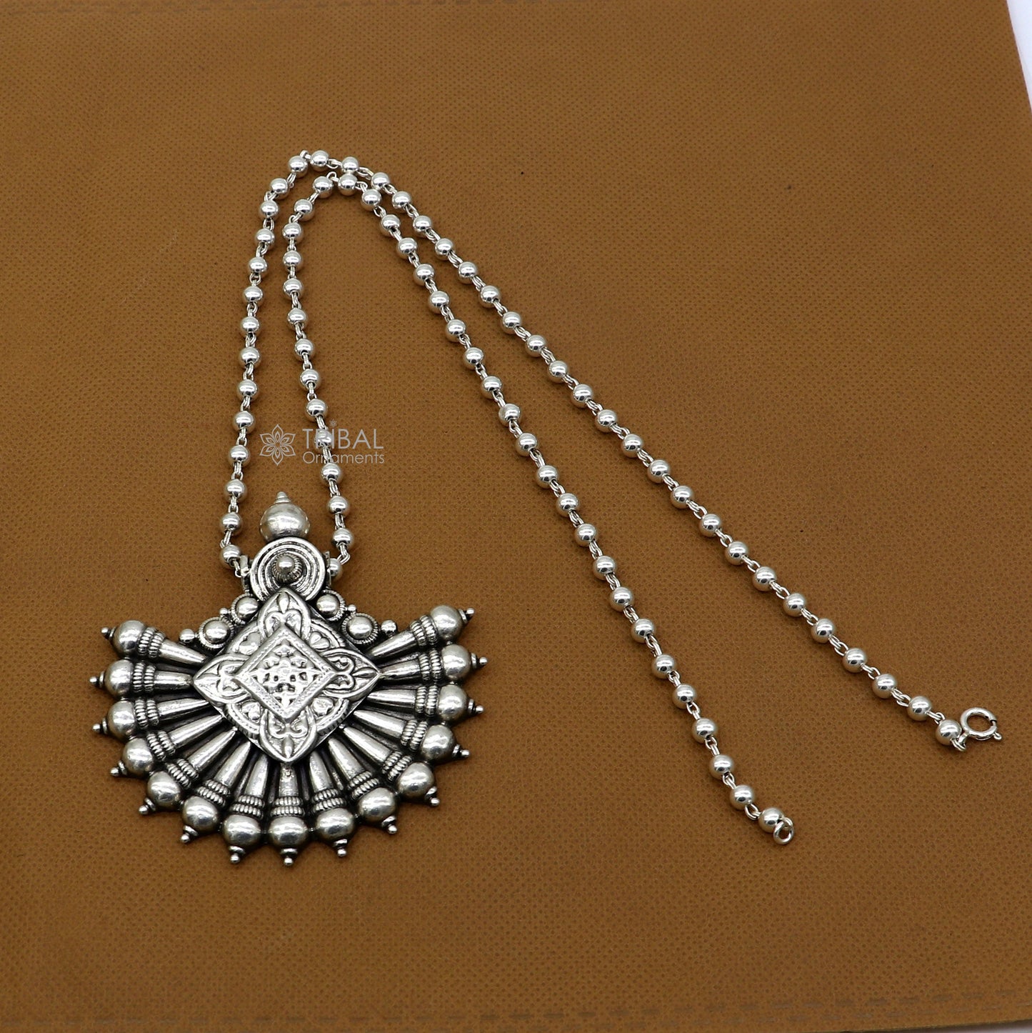 925 silver beaded long necklace with traditional cultural pendant, handmade jewelry by TRIBAL ORNAMENTS.