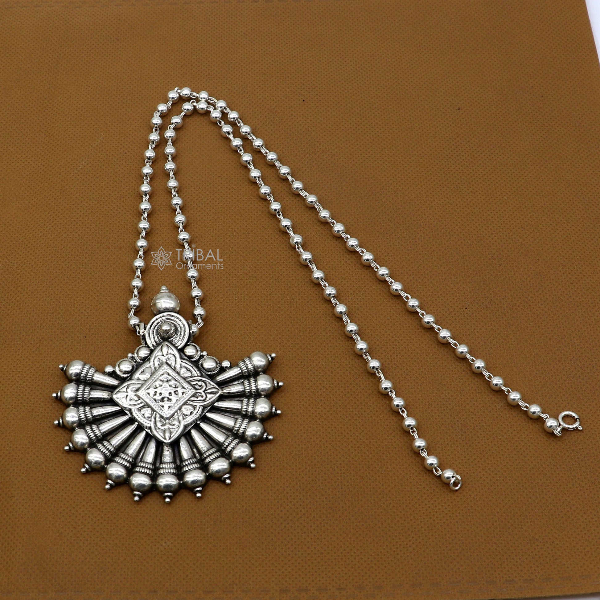 925 silver beaded long necklace with traditional cultural pendant, handmade jewelry by TRIBAL ORNAMENTS.