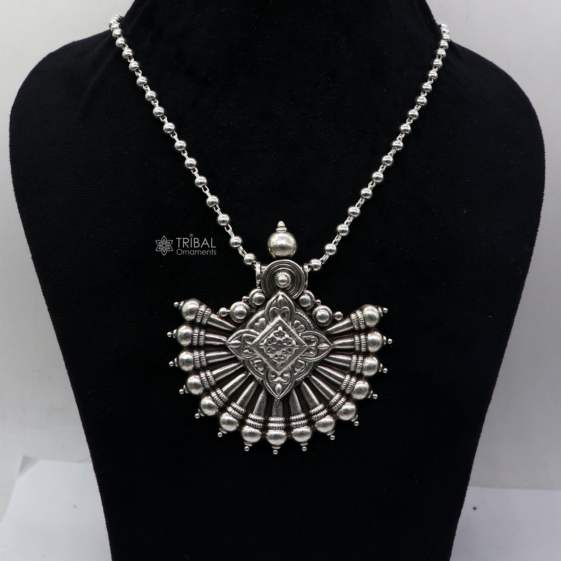 925 sterling silver beaded long necklace with traditional cultural pendant, handmade jewelry by TRIBAL ORNAMENTS.