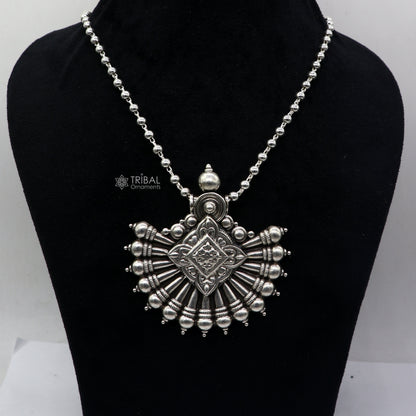 925 sterling silver beaded long necklace with traditional cultural pendant, handmade jewelry by TRIBAL ORNAMENTS.