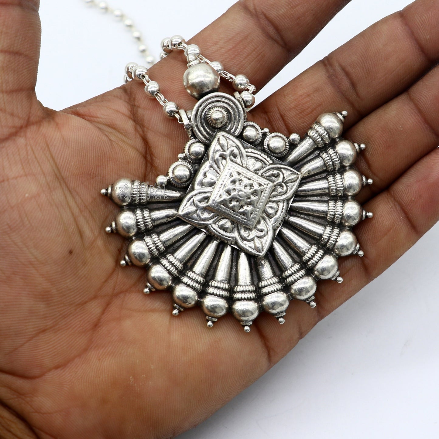 925 sterling silver beaded long necklace with a traditional cultural pendant, handmade jewelry by TRIBAL ORNAMENTS.