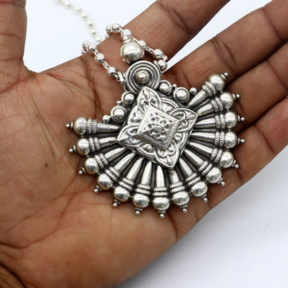 925 sterling silver beaded long necklace with a traditional cultural pendant, handmade jewelry by TRIBAL ORNAMENTS.