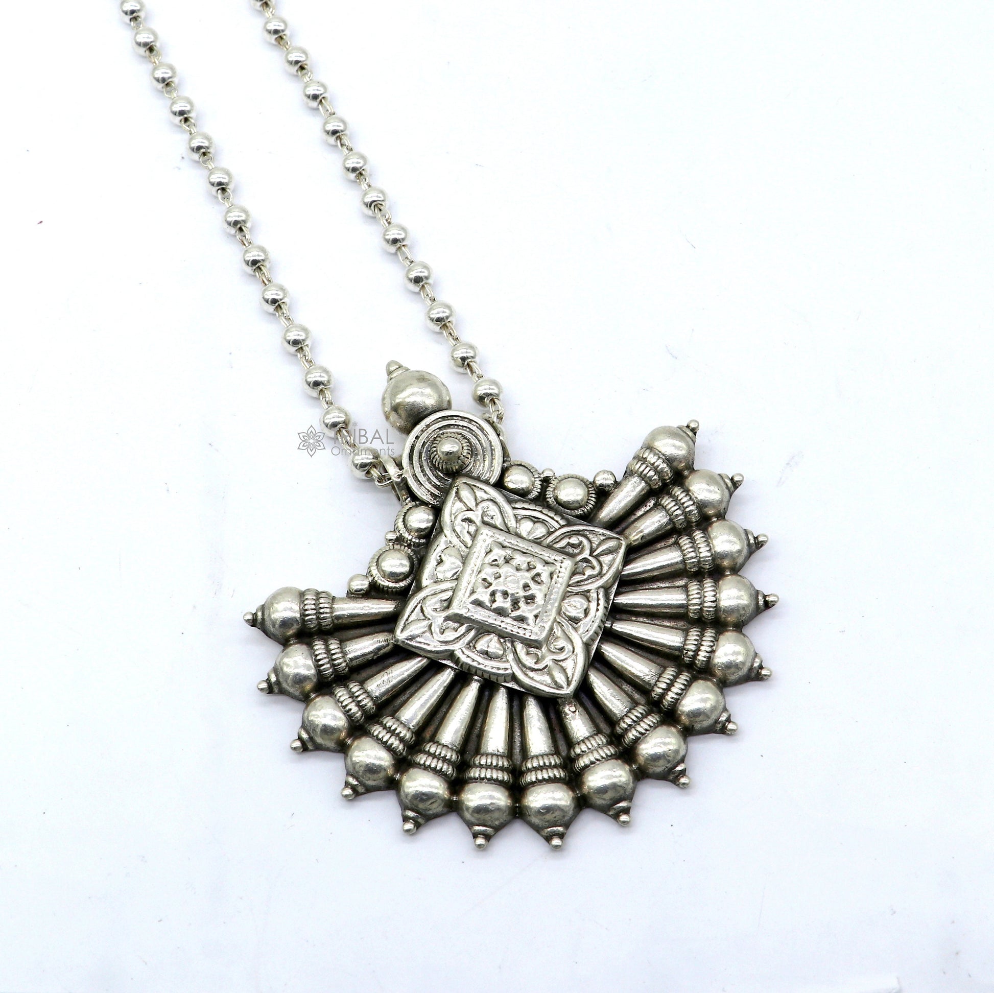 925 sterling silver beaded long necklace with traditional cultural pendant, handmade jewelry by TRIBAL ORNAMENTS.