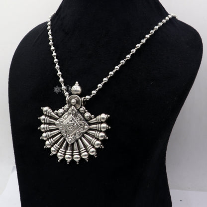 925 sterling silver beaded long necklace with traditional pendant by TRIBAL ORNAMENTS, featuring intricate cultural design.