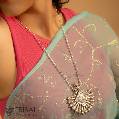 925 sterling silver beaded long necklace with traditional cultural pendant, handmade jewelry by TRIBAL ORNAMENTS.