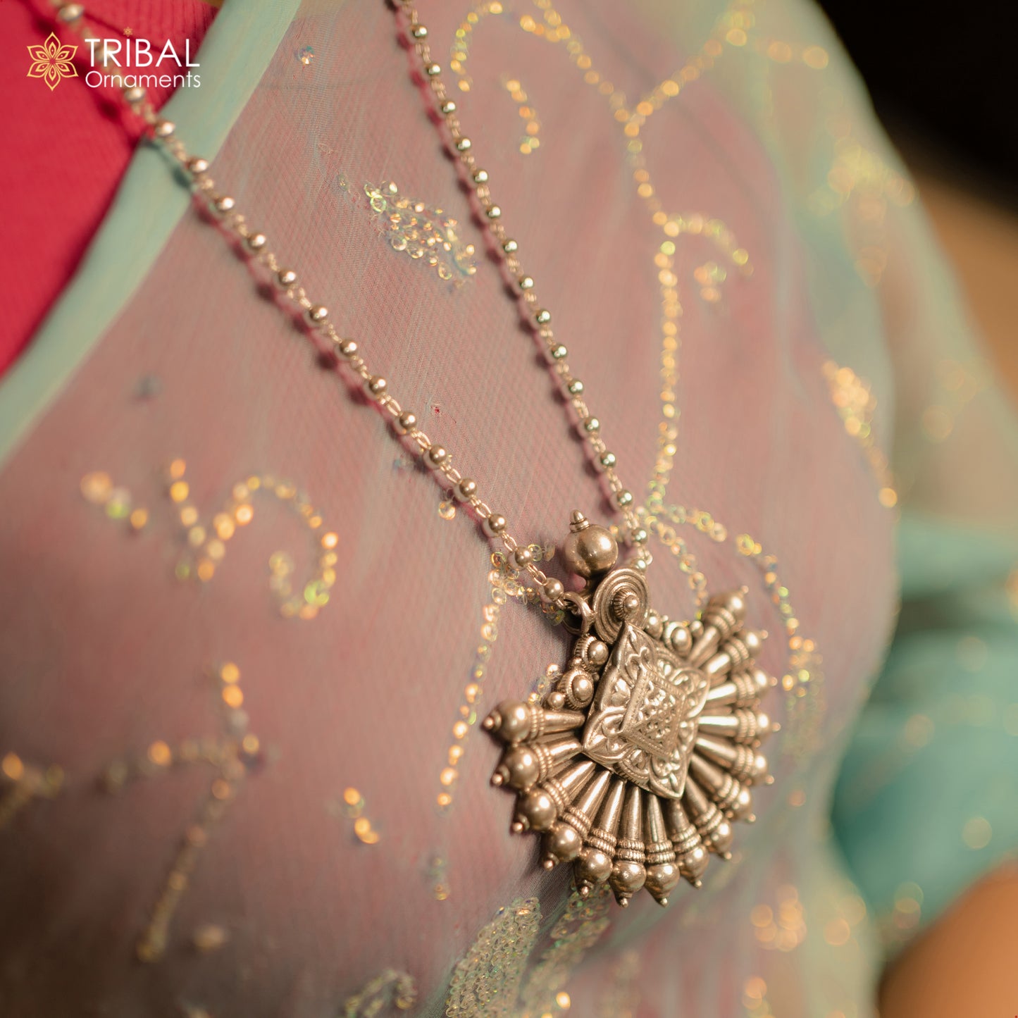 925 sterling silver beaded long necklace with a traditional cultural pendant by TRIBAL ORNAMENTS, featuring intricate handmade design.