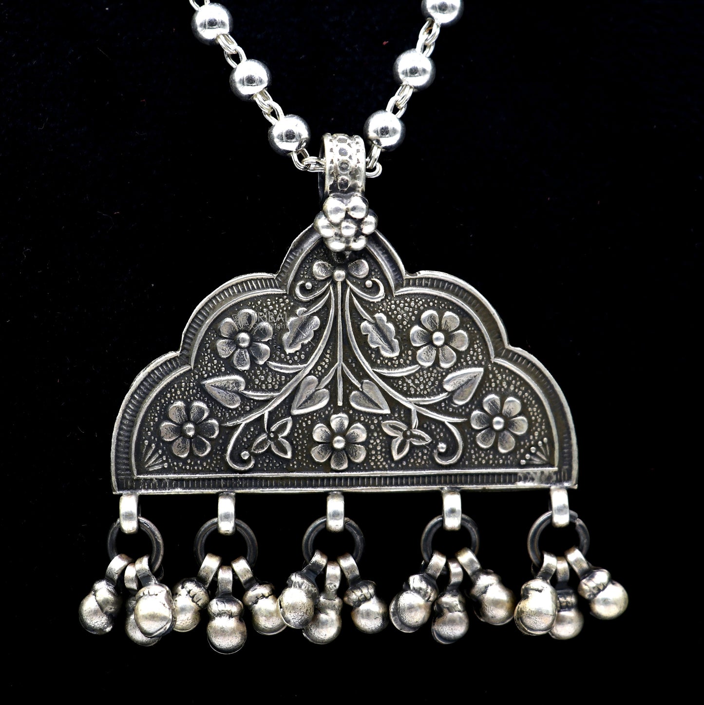 925 sterling silver beaded long necklace with traditional cultural design and pendant, part of TRIBAL ORNAMENTS jewelry set.