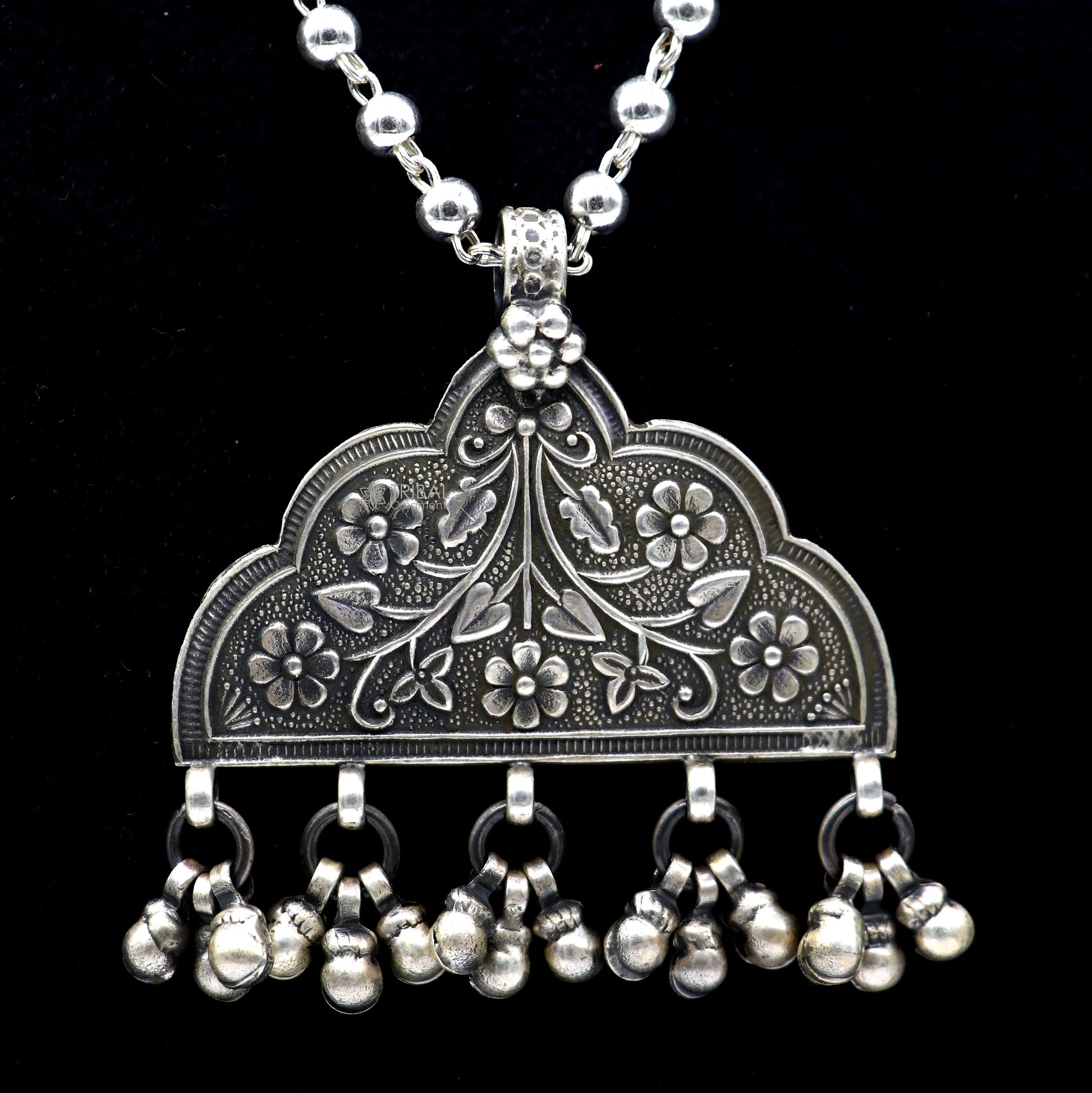 925 sterling silver beaded long necklace with traditional cultural design and pendant, part of TRIBAL ORNAMENTS jewelry set.