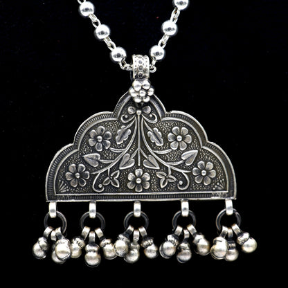 925 sterling silver beaded long necklace with traditional cultural design and pendant, part of TRIBAL ORNAMENTS jewelry set.