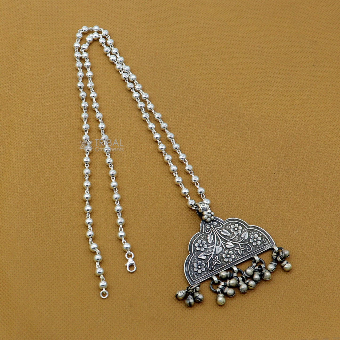 925 sterling silver beaded long necklace with traditional cultural pendant, handmade tribal jewelry set by TRIBAL ORNAMENTS.