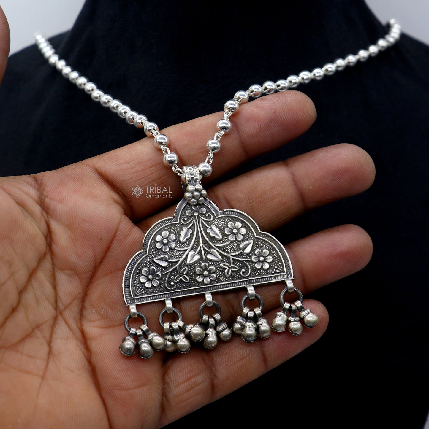 925 sterling silver beaded long necklace with traditional cultural design, handmade jewelry set by TRIBAL ORNAMENTS.