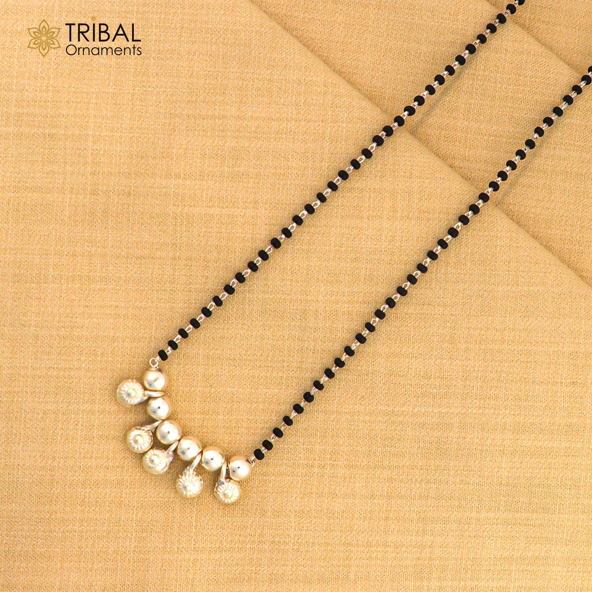 925 sterling silver black beads chain necklace, gorgeous small jingling bells design pendant, traditional style chain beaded necklace set226 - TRIBAL ORNAMENTS