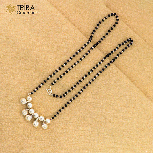 925 sterling silver black beads chain necklace, gorgeous small jingling bells design pendant, traditional style chain beaded necklace set226 - TRIBAL ORNAMENTS