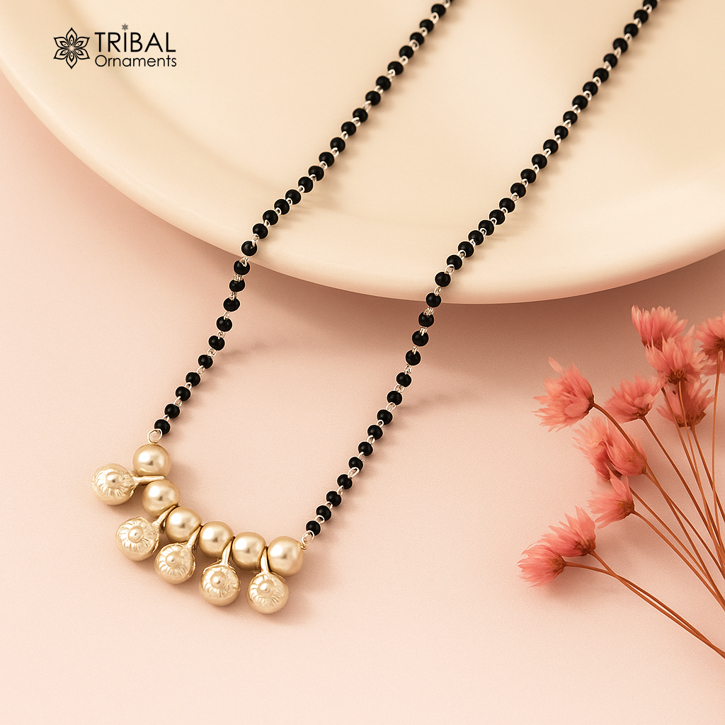 925 sterling silver black beads chain necklace, gorgeous small jingling bells design pendant, traditional style chain beaded necklace set226 - TRIBAL ORNAMENTS