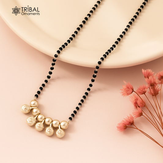 925 sterling silver black beads chain necklace, gorgeous small jingling bells design pendant, traditional style chain beaded necklace set226 - TRIBAL ORNAMENTS