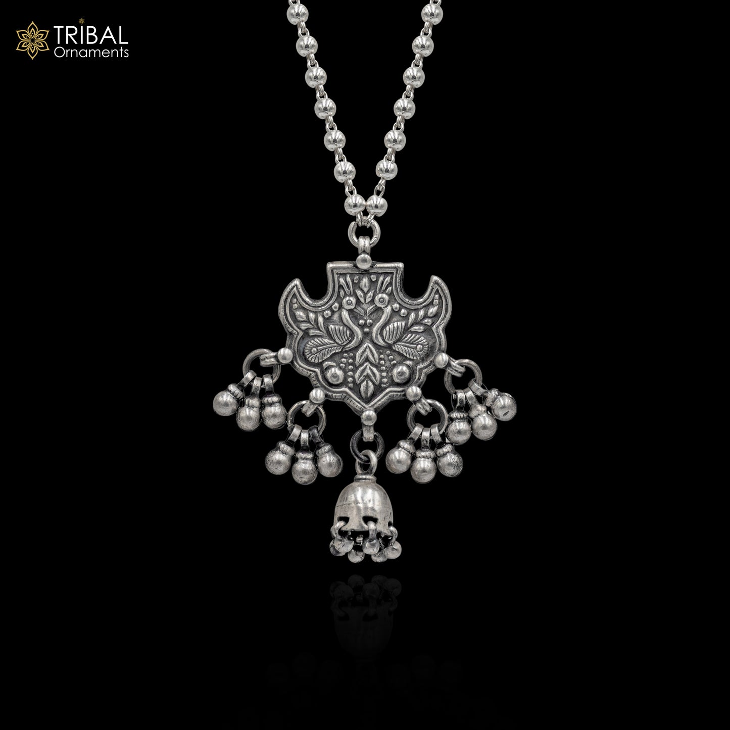 925 sterling silver handmade beaded long necklace with peacock design, traditional tribal jewelry by TRIBAL ORNAMENTS