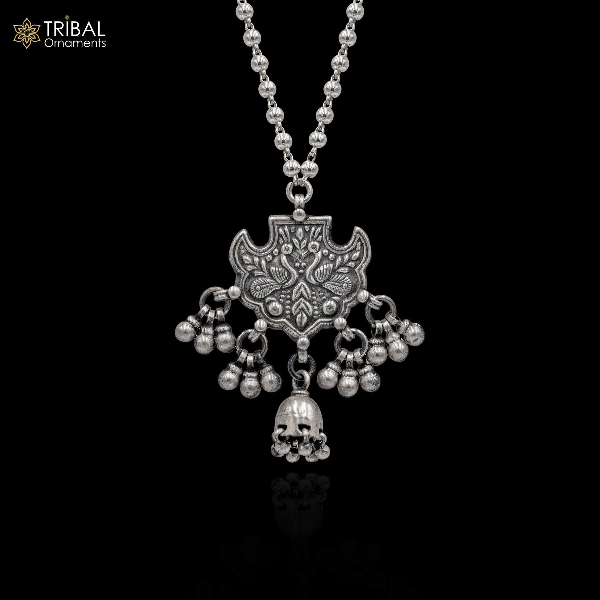925 sterling silver handmade beaded long necklace with peacock design, traditional tribal jewelry by TRIBAL ORNAMENTS