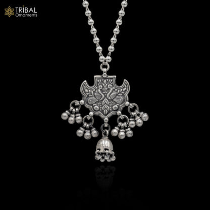 925 sterling silver handmade beaded long necklace with peacock design, traditional tribal jewelry by TRIBAL ORNAMENTS