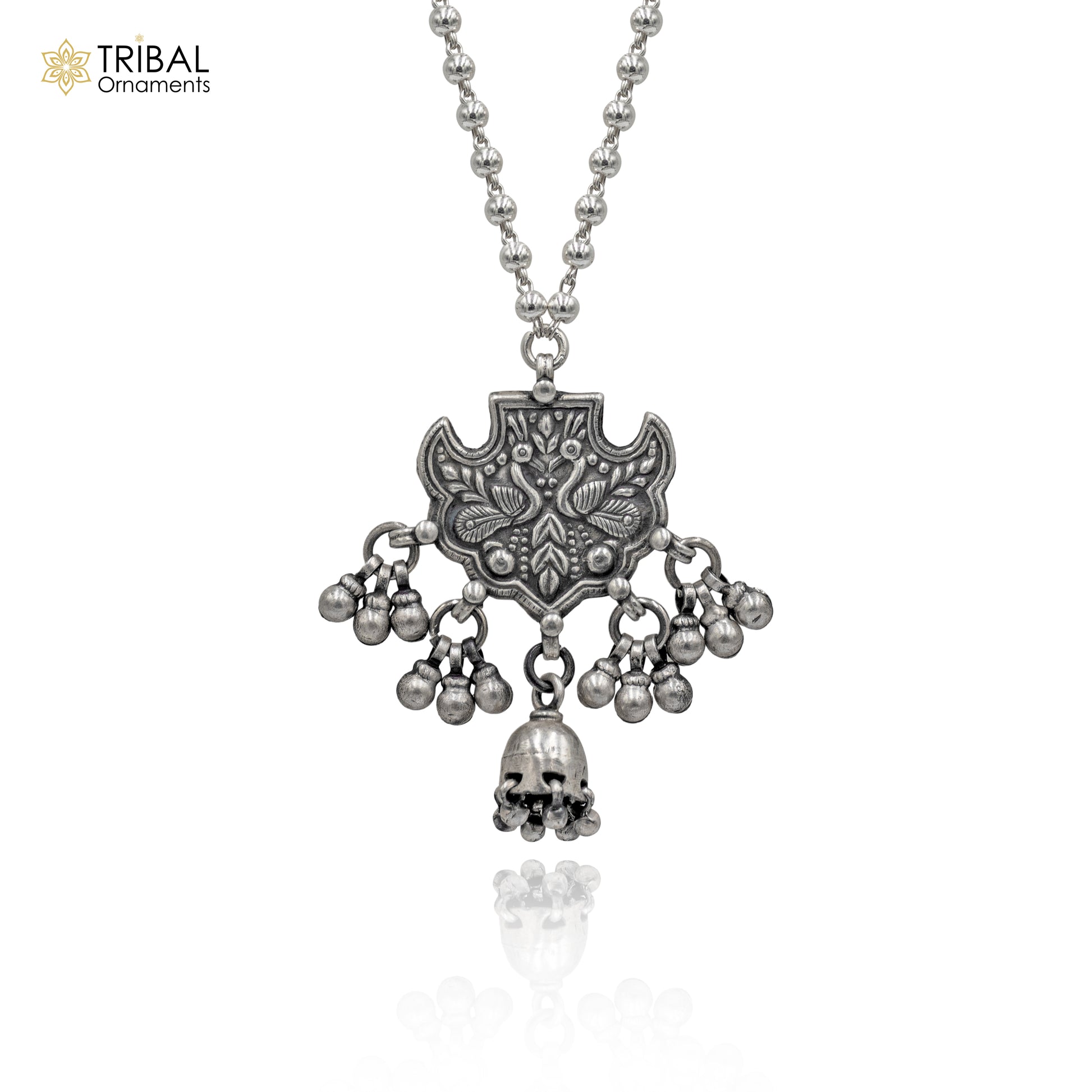 Handmade 925 sterling silver beaded long necklace with peacock design, traditional cultural jewelry by TRIBAL ORNAMENTS.