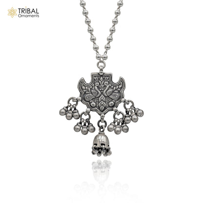 Handmade 925 sterling silver beaded long necklace with peacock design, traditional cultural jewelry by TRIBAL ORNAMENTS.