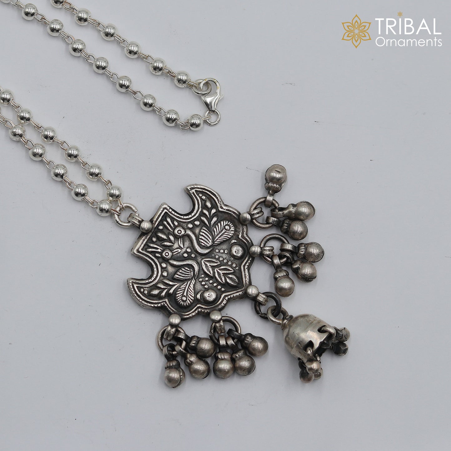 Sterling silver handmade beaded long necklace with peacock design, traditional cultural jewelry by TRIBAL ORNAMENTS