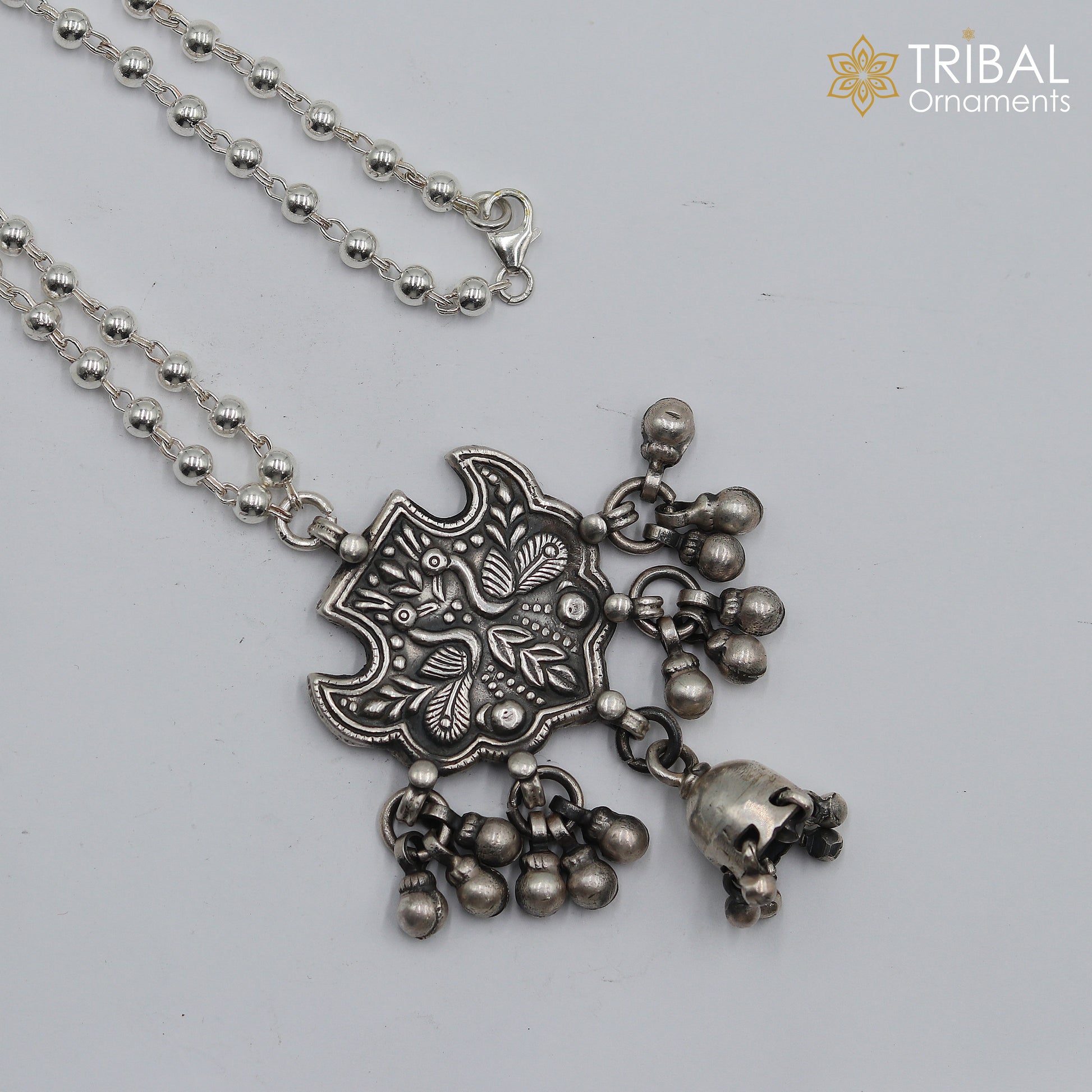 Sterling silver handmade beaded long necklace with peacock design, traditional cultural jewelry by TRIBAL ORNAMENTS