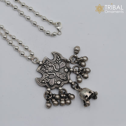 Sterling silver handmade beaded long necklace with peacock design, traditional cultural jewelry by TRIBAL ORNAMENTS