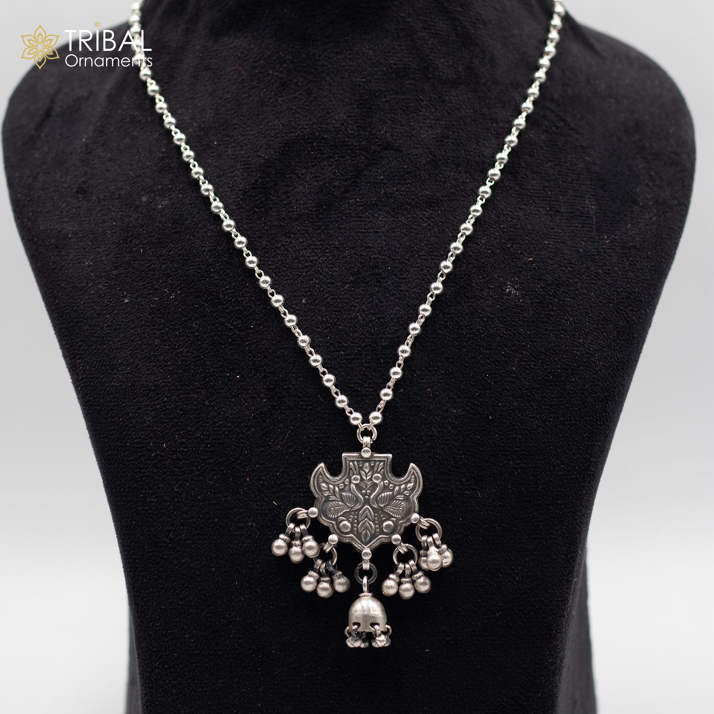 Sterling silver handmade beaded long necklace with peacock design, traditional cultural jewelry by Tribal Ornaments.